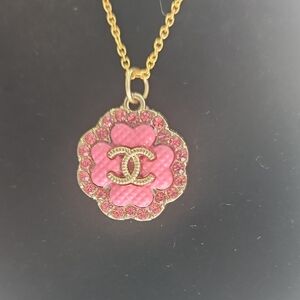 CHANEL Gold Tone and Pink Floral Pendant Necklace With Rhinestones